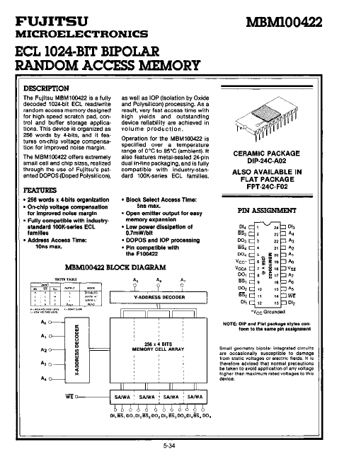 MBM100422 ECL RAM by Fujitsu - Datasheet Preview