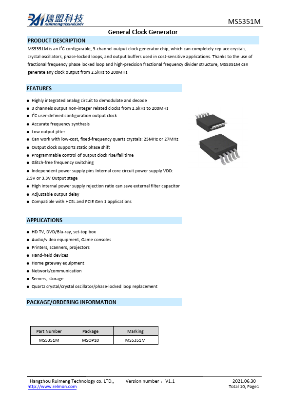 MS5351M General Clock Generator by Ruimeng - Datasheet Preview