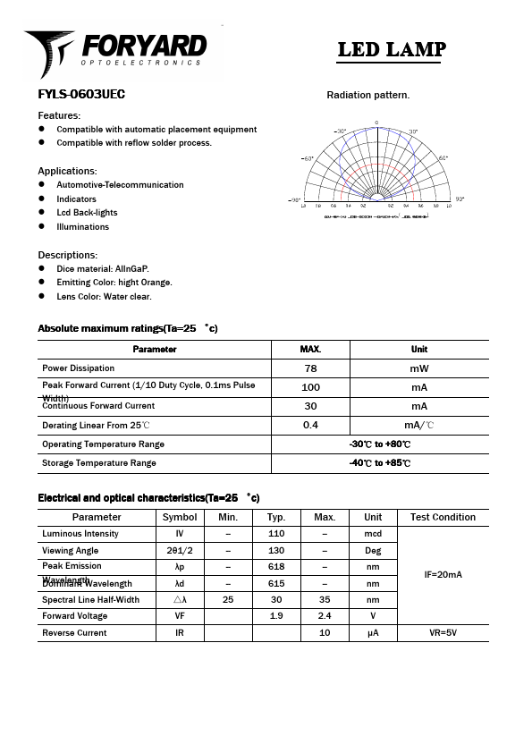 FYLS-0603UEC LED LAMP by Foryard - Datasheet Preview