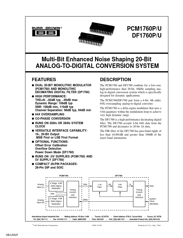 PCM1760U 20-Bit DIGITAL-TO-ANALOG CONVERTER by Burr-Brown - Datasheet Preview