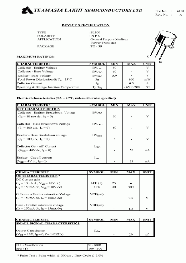 SL100 NPN Power Transistor Teamasia Lakhi Semiconductors SL100 NPN Power Transistor Teamasia Lakhi Semiconductors