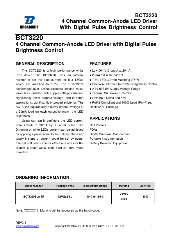 BCT3220 4-Channel Common-Anode LED Driver by BROADCHIP - Datasheet Preview