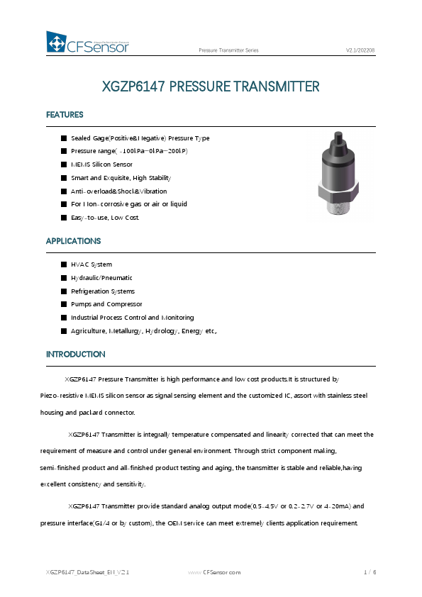 XGZP6147 Pressure Transmitter by CFSensor - Datasheet Preview