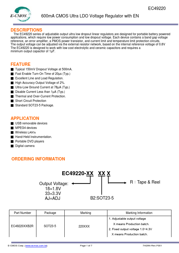 EC49220 600mA CMOS Ultra LDO Voltage Regulator by E-CMOS - Datasheet Preview