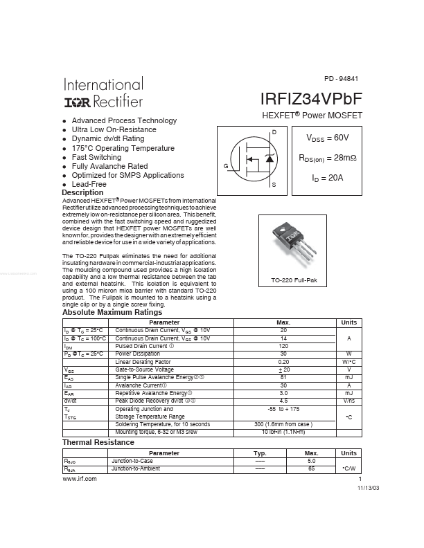 IRFIZ34VPBF Datasheet Preview