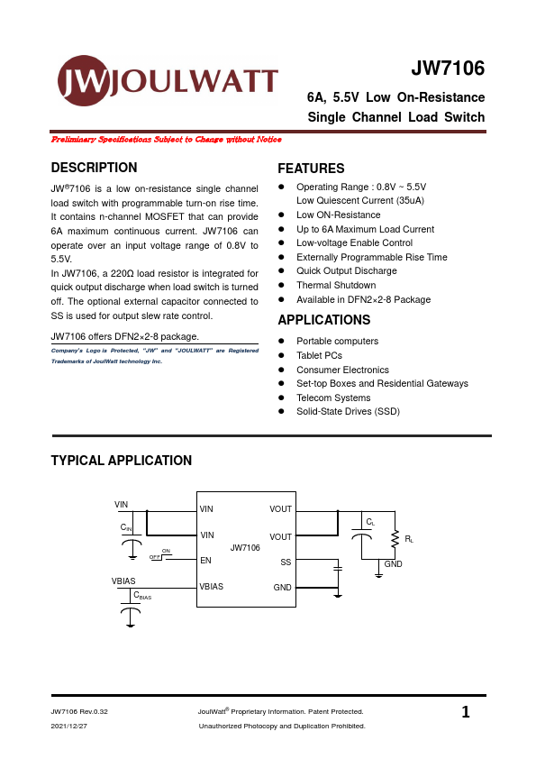 JW7106 6A 5.5V Low On-Resistance Single Channel Load Switch by JoulWatt - Datasheet Preview