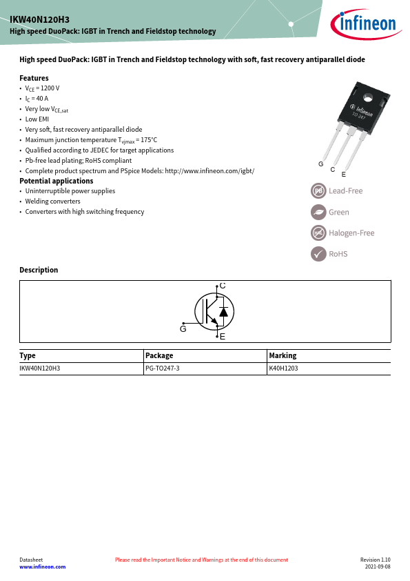 K40H1203 IGBT by Infineon - Datasheet Preview