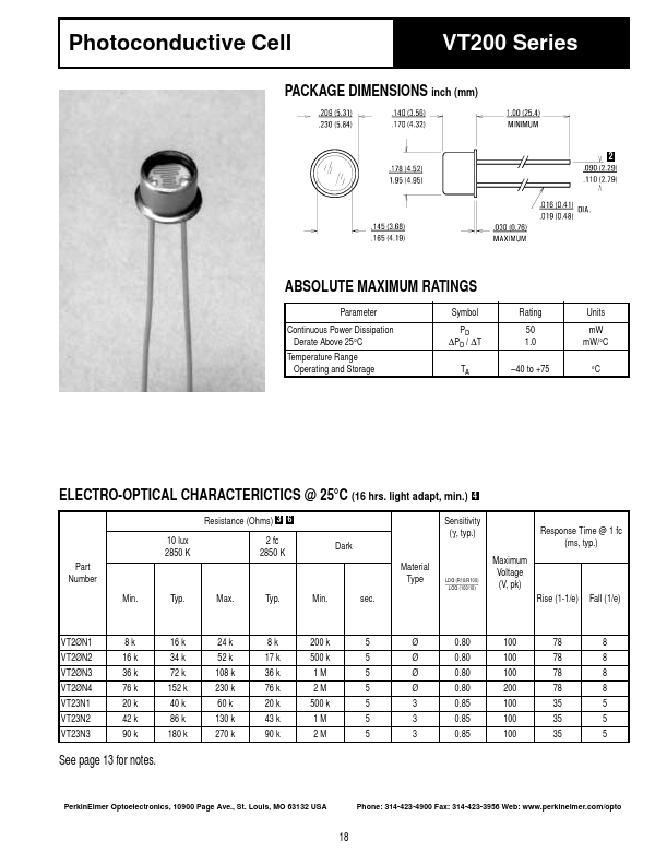 VT20N4 Photoconductive Cell by PerkinElmer Optoelectronics - Datasheet Preview