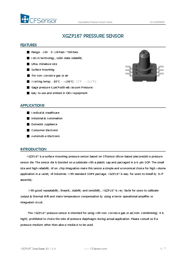 XGZP167 Unamplified Pressure Sensor by CFSensor - Datasheet Preview