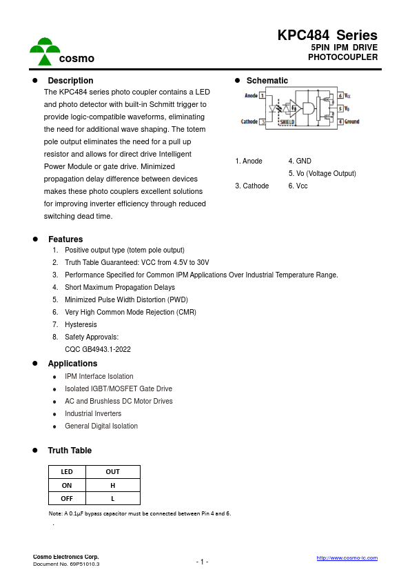KPC484 5PIN IPM DRIVE PHOTOCOUPLER by Cosmo - Datasheet Preview