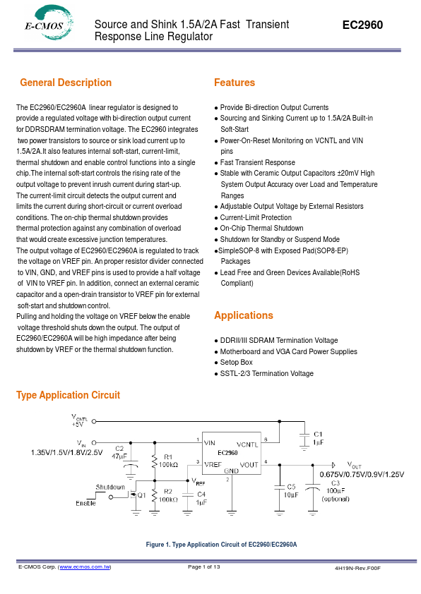 EC2960 Source and Shink 1.5A/2A Fast Transient Response Line Regulator by E-CMOS - Datasheet Preview