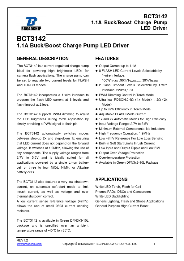 BCT3142 1.1A Buck/Boost Charge Pump LED Driver by BROADCHIP - Datasheet Preview