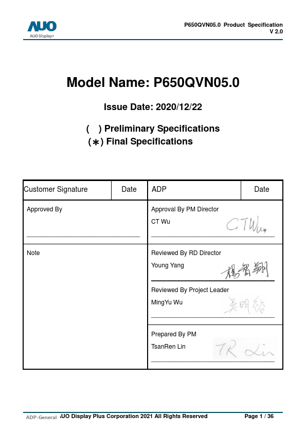 P650QVN05.0 Datasheet Preview