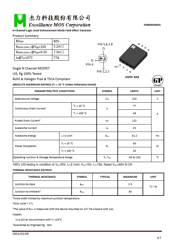 EMB06N06HS N-Channel Logic Level Enhancement Mode Field Effect Transistor by Excelliance MOS - Datasheet Preview