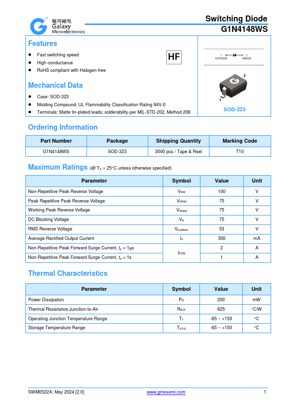G1N4148WS Switching Diode by GME - Datasheet Preview