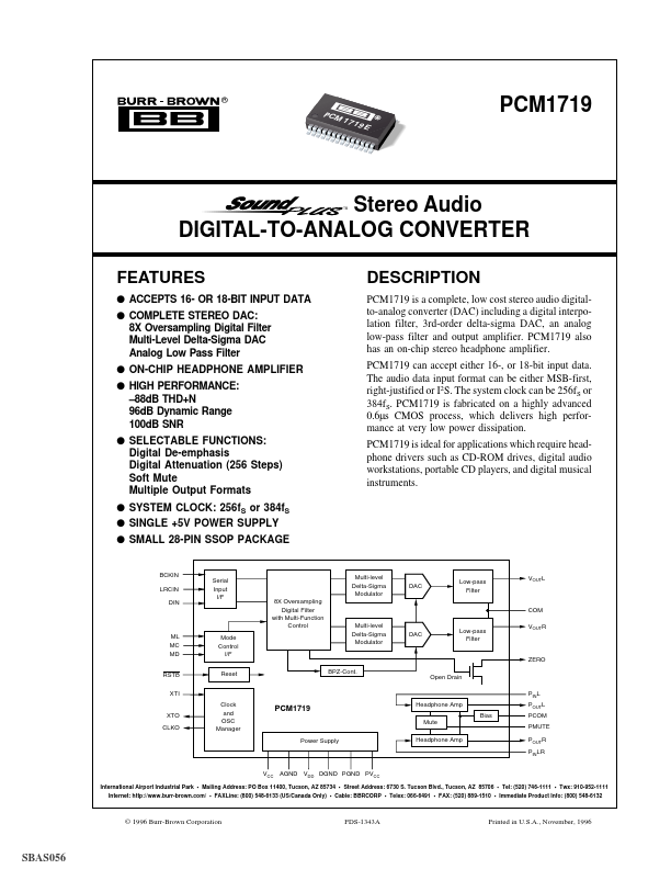 PCM1719 Stereo Audio DIGITAL-TO-ANALOG CONVERTER by Burr-Brown - Datasheet Preview