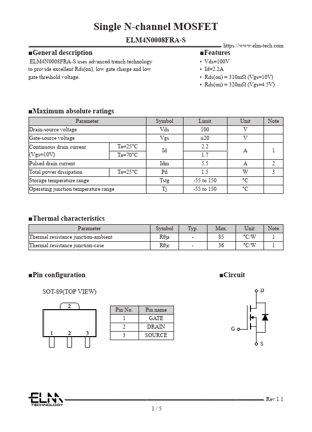 ELM4N0008FRA-S Single N-channel MOSFET by ELM - Datasheet Preview