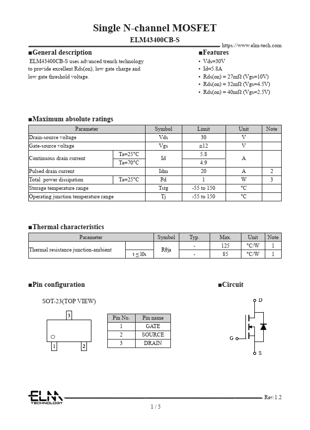 ELM43400CB-S Single N-channel MOSFET by ELM - Datasheet Preview