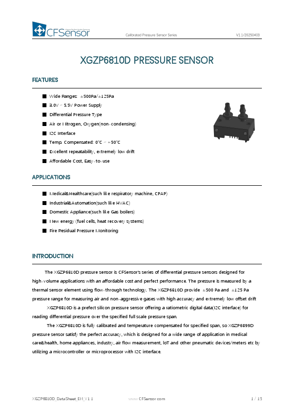 XGZP6810D Calibrated Pressure Sensor by CFSensor - Datasheet Preview