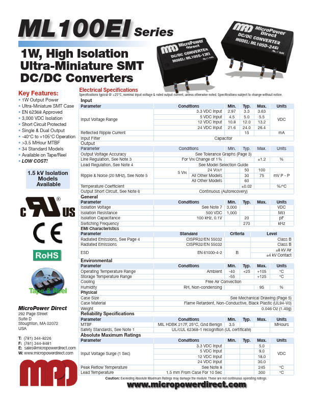 ML124S-05EI 1W High Isolation Ultra-Miniature SMT DC/DC Converters by MicroPower Direct - Datasheet Preview