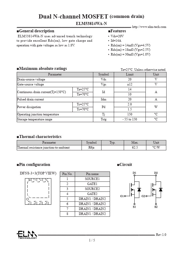 ELM53814WA-N Dual N-channel MOSFET by ELM - Datasheet Preview