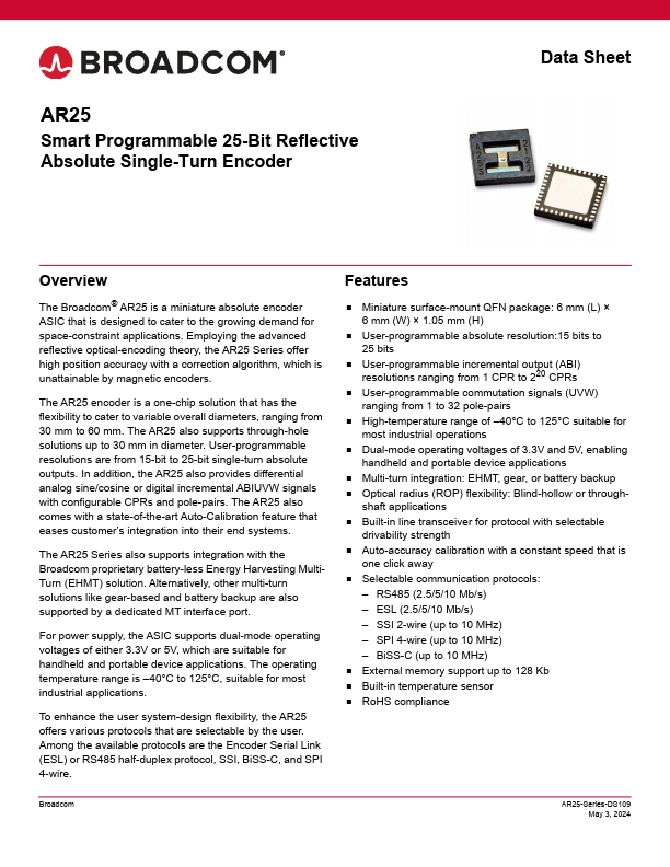 AR25 Smart Programmable 25-Bit Reflective Absolute Single-Turn Encoder by Broadcom - Datasheet Preview