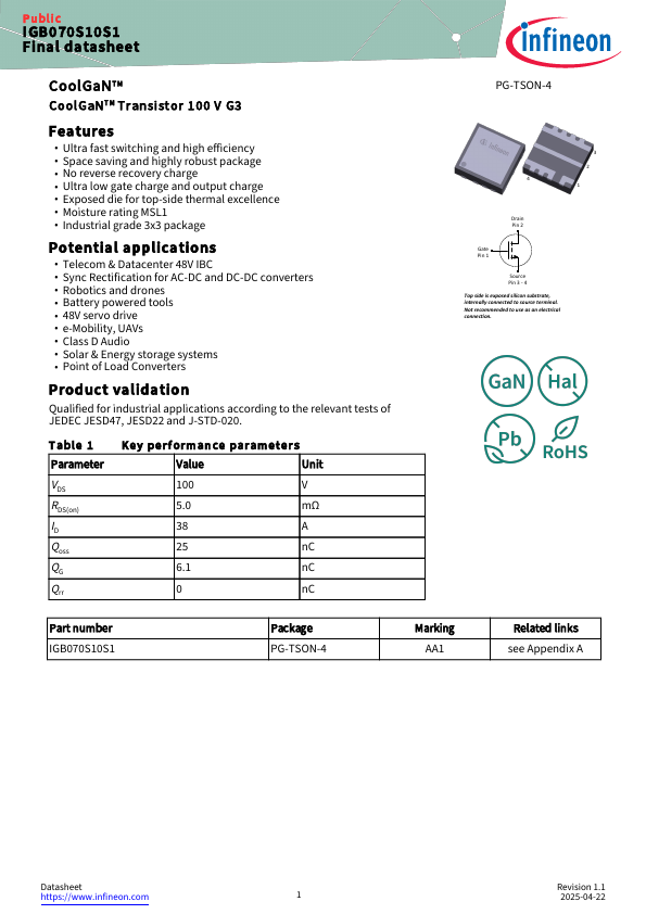 IGB070S10S1 Datasheet Preview
