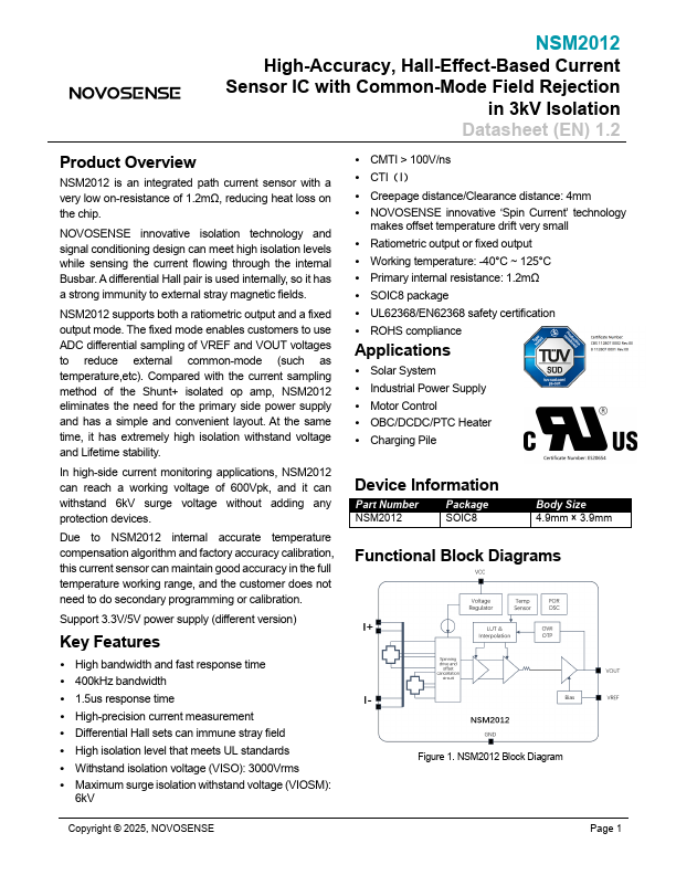 NSM2012 Hall-Effect-Based Current Sensor IC by NOVOSENSE - Datasheet Preview