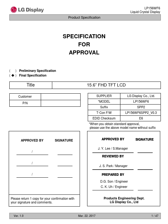 LP156WF6-SPP2 Datasheet Preview