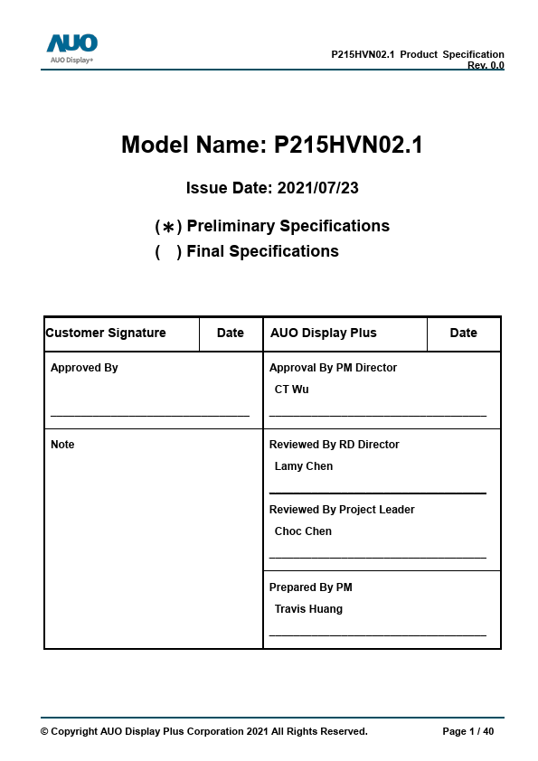 P215HVN02.1 Datasheet Preview