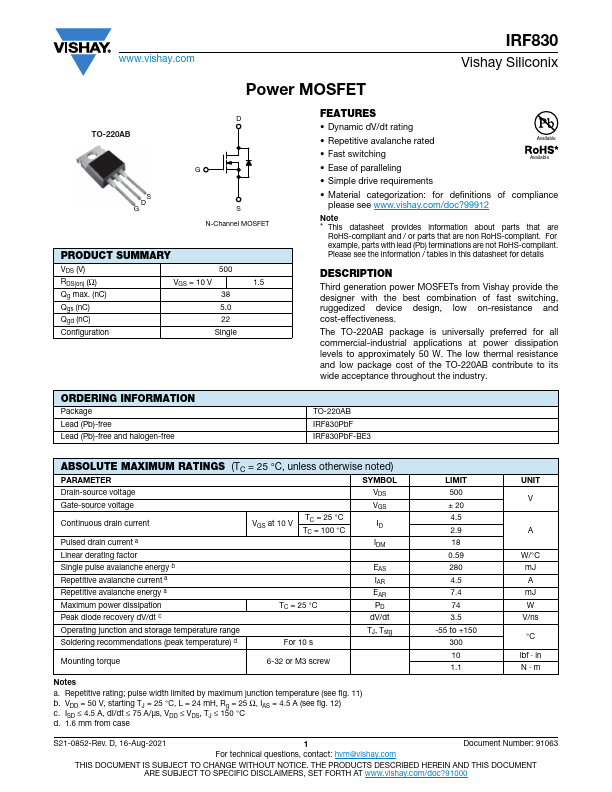 IRF830 Datasheet Preview