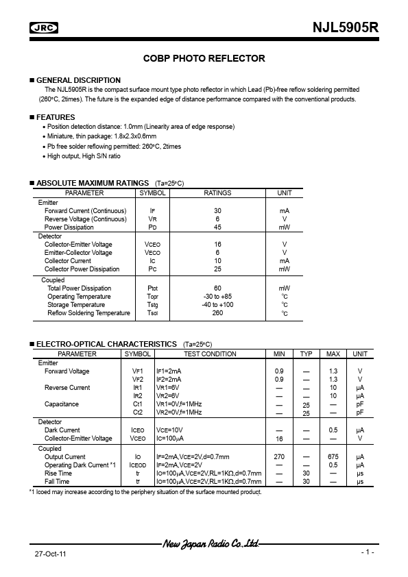 NJL5905R COBP PHOTO REFLECTOR by New Japan Radio - Datasheet Preview
