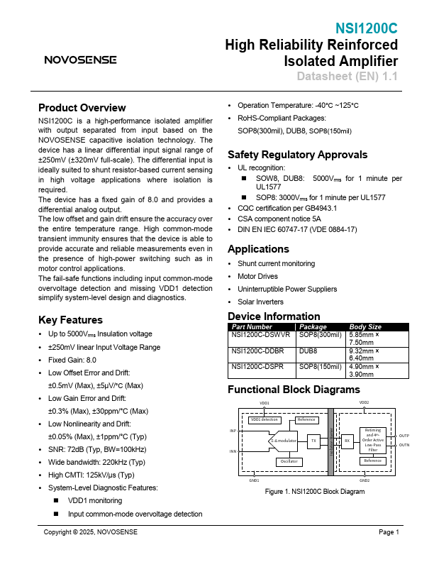 NSI1200C High Reliability Reinforced Isolated Amplifier by NOVOSENSE - Datasheet Preview