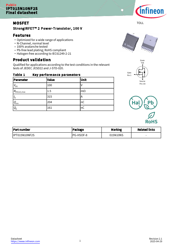 IPT015N10NF2S Datasheet Preview