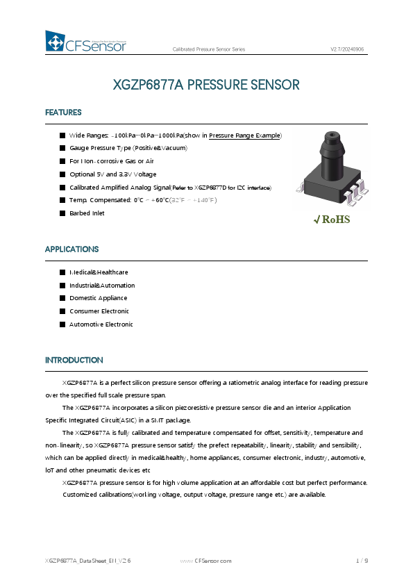 XGZP6877A Calibrated Pressure Sensor by CFSensor - Datasheet Preview