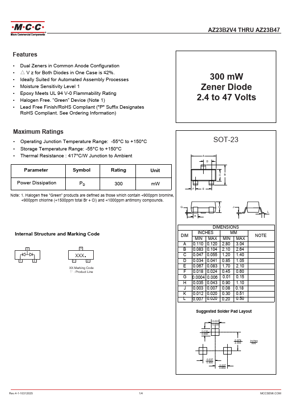 AZ23B2V4 300 mW Zener Diode by Micro Commercial Components - Datasheet Preview
