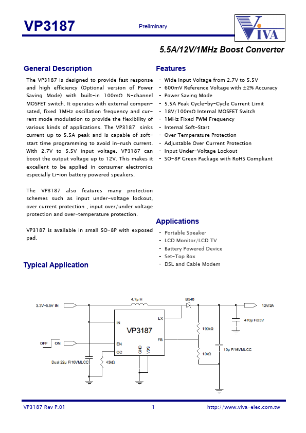 VP3187 5.5A/12V/1MHz Boost Converter by Viva Electronics - Datasheet Preview