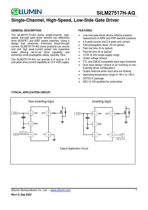 SiLM27517H-AQ Single-Channel High-Speed Low-Side Gate Driver by Sillumin - Datasheet Preview