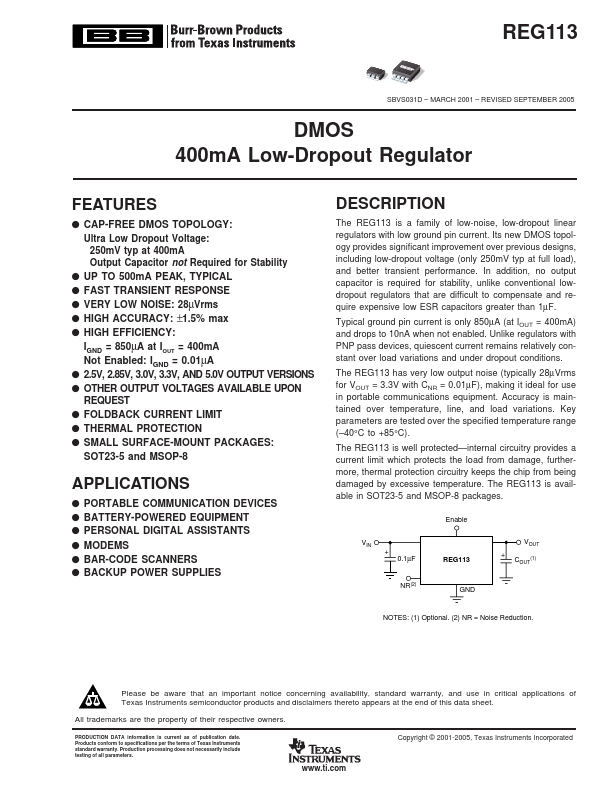 REG113 400mA Low-Dropout Regulator by Burr-Brown - Datasheet Preview