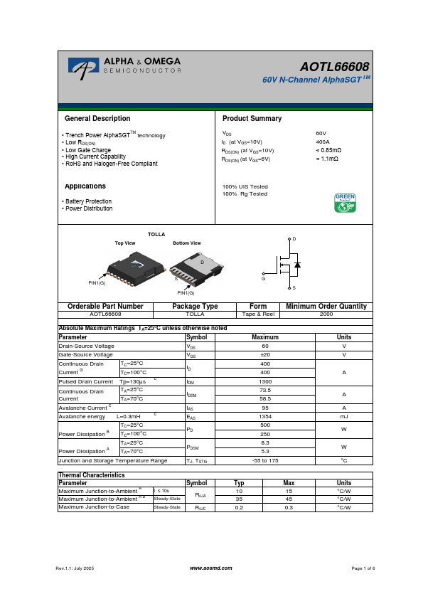 AOTL66608 60V N-Channel MOSFET by Alpha & Omega Semiconductors - Datasheet Preview