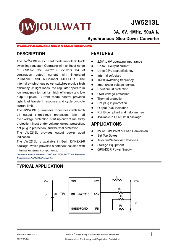 JW5213L 3A 6V 50uA  Synchronous Step-Down Converter by JoulWatt - Datasheet Preview