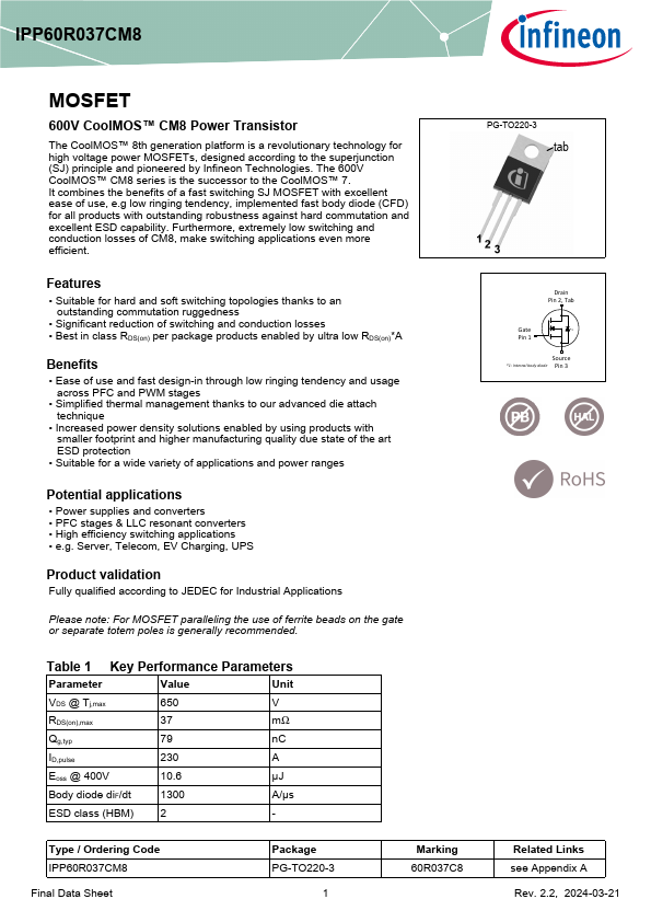 IPP60R037CM8 Datasheet Preview