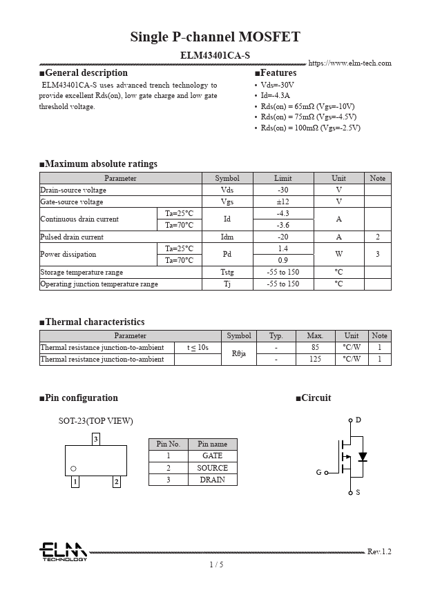 ELM43401CA-S Single P-channel MOSFET by ELM - Datasheet Preview