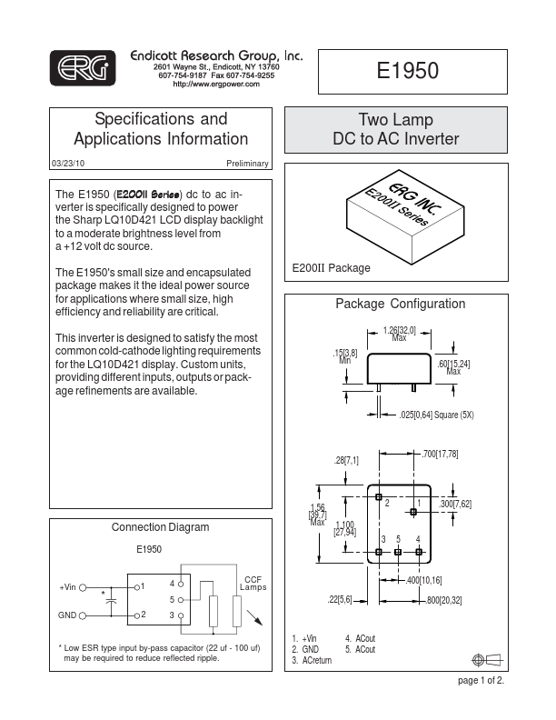E1950 Two Lamp DC to AC Inverter by ERG - Datasheet Preview