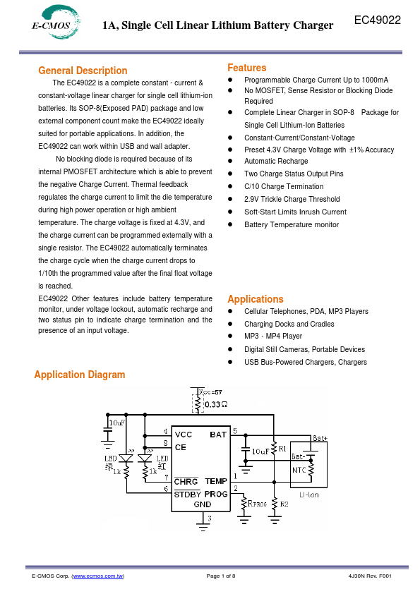 EC49022 1A Single Cell Linear Lithium Battery Charger by E-CMOS - Datasheet Preview