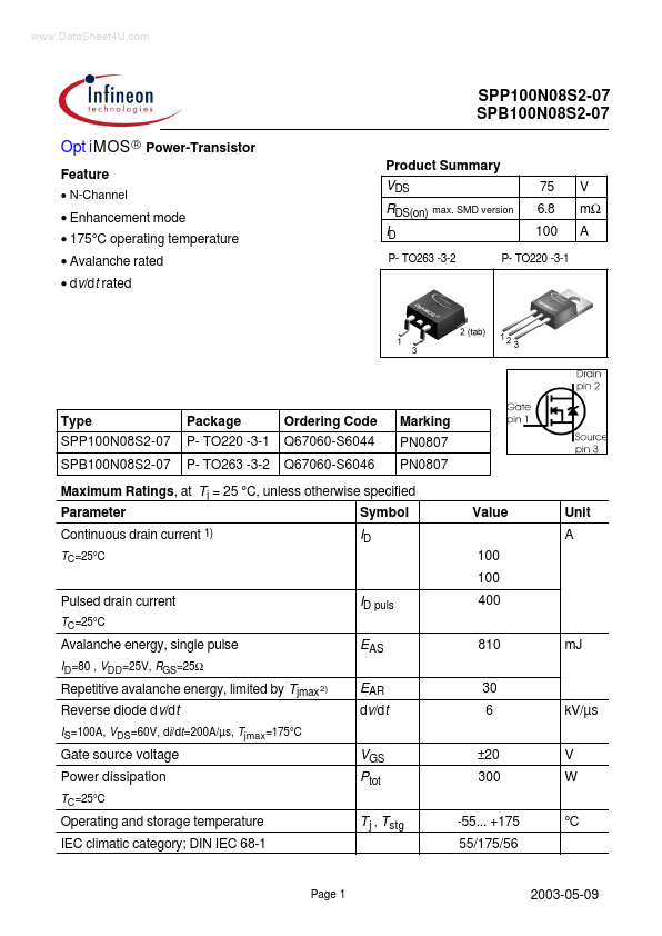 SPB100N08S2-07 Datasheet Preview