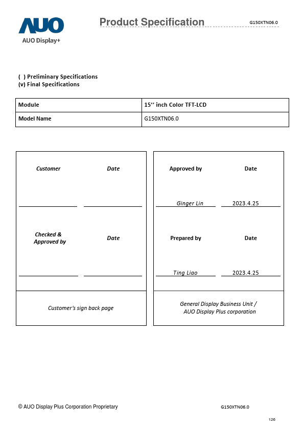 G150XTN06.0 Datasheet Preview