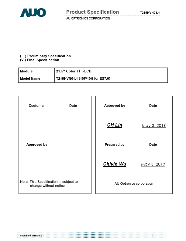 T215HVN01.1 Datasheet Preview