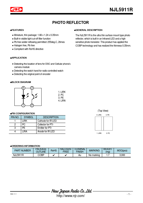 NJL5911R PHOTO REFLECTOR by New Japan Radio - Datasheet Preview