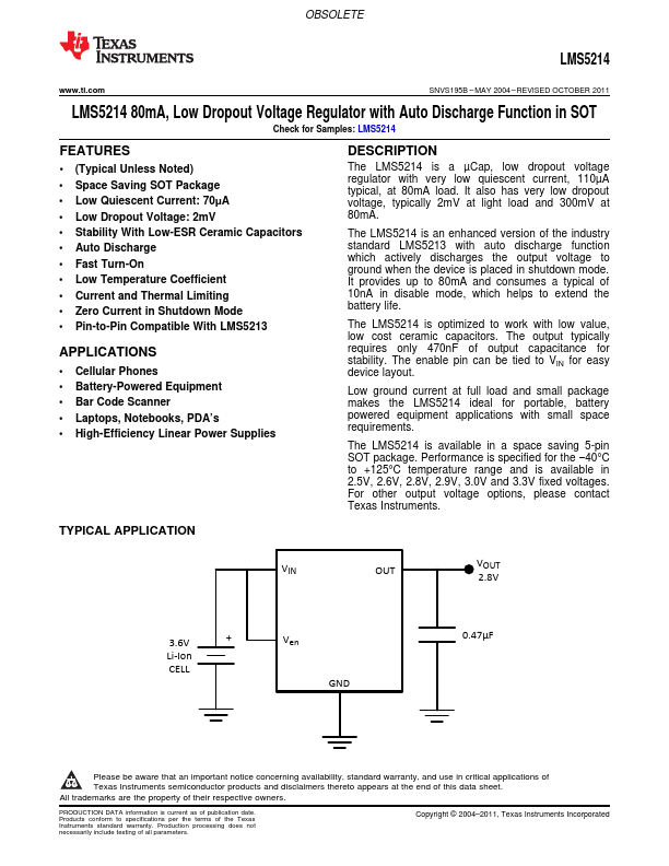 LMS5214 80mA Low Dropout Voltage Regulator by Texas Instruments - Datasheet Preview